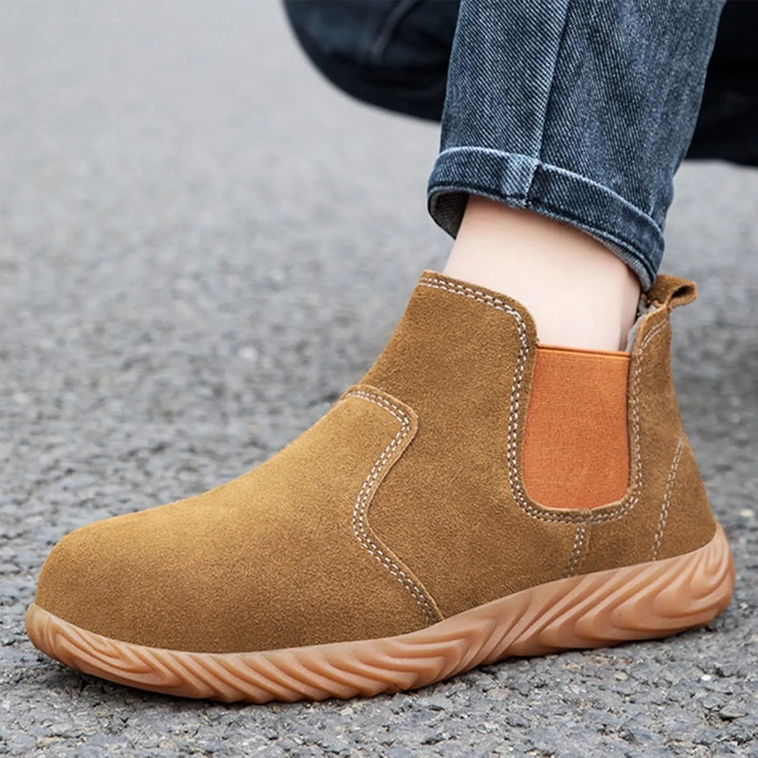 Safety Shoes Trainers Mens Women Lightweight Breathable Work Shoes Steel Toe Cap (Color : Khaki, Size : 8.5 US)