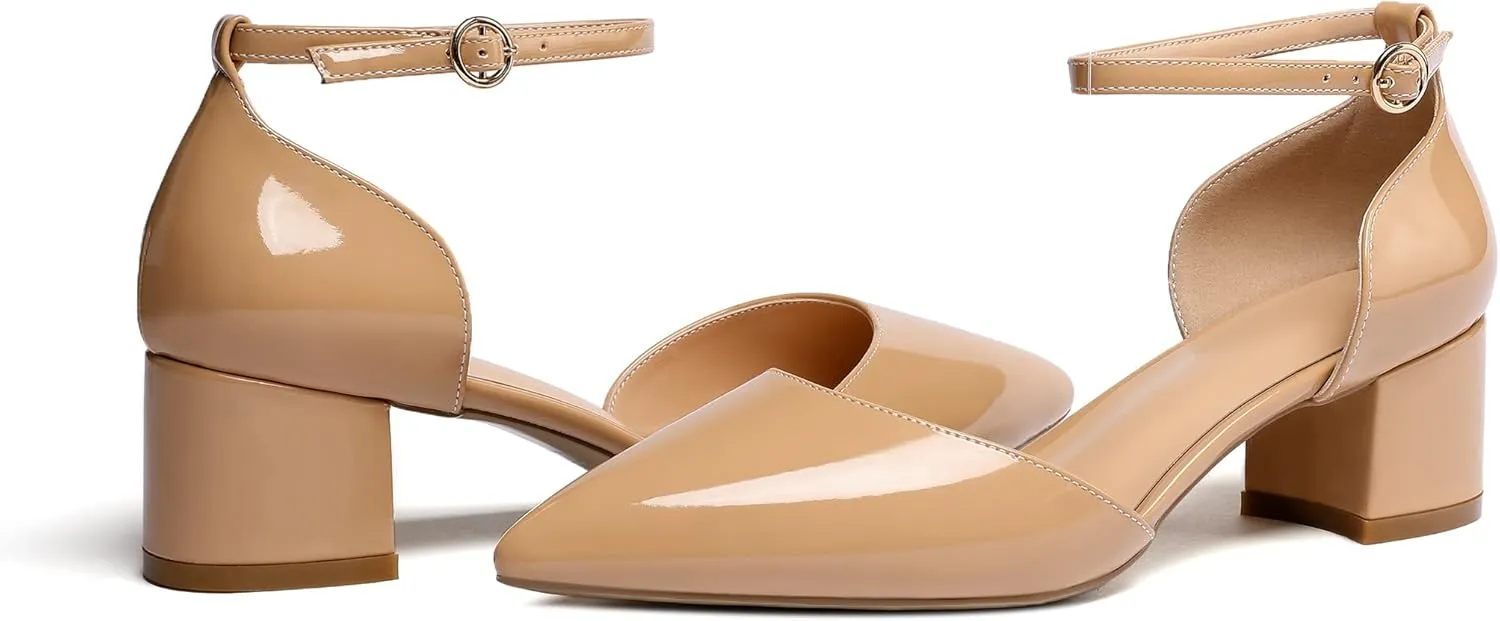 SAMMITOP Women's Pointed Toe Pumps D'Orsay Sandals Ankle Strap Buckle Chunky Block Heel Dress Shoes