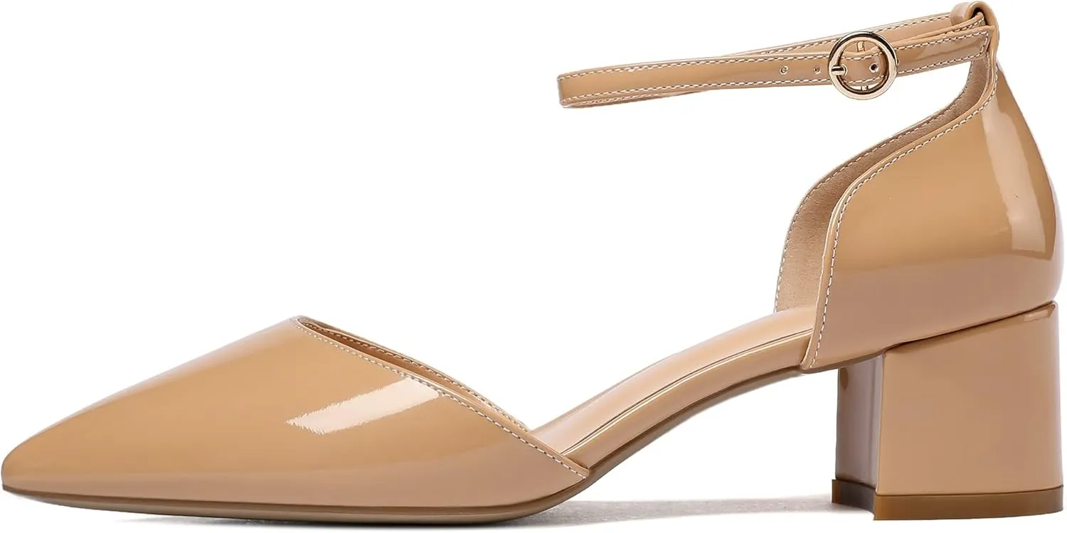 SAMMITOP Women's Pointed Toe Pumps D'Orsay Sandals Ankle Strap Buckle Chunky Block Heel Dress Shoes