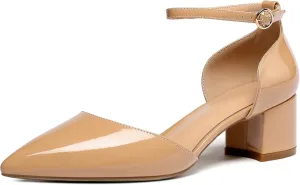 SAMMITOP Women's Pointed Toe Pumps D'Orsay Sandals Ankle Strap Buckle Chunky Block Heel Dress Shoes