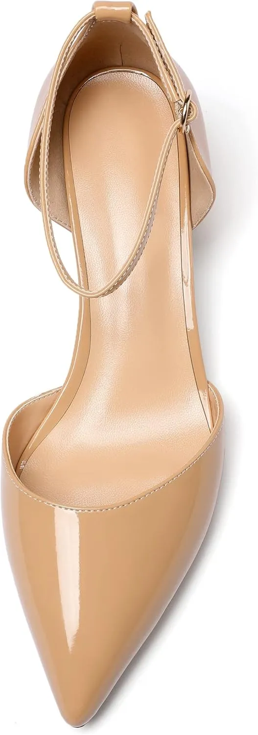 SAMMITOP Women's Pointed Toe Pumps D'Orsay Sandals Ankle Strap Buckle Chunky Block Heel Dress Shoes