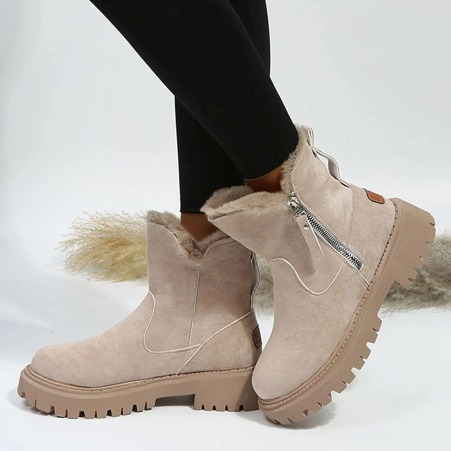 Snow Boots for Women Waterproof Winter Boots Anti-slip Fuzzy Fur Booties Cold Weather Lace Up Ankle Boots Thickening Winter Shoes Walking Hiking Booties