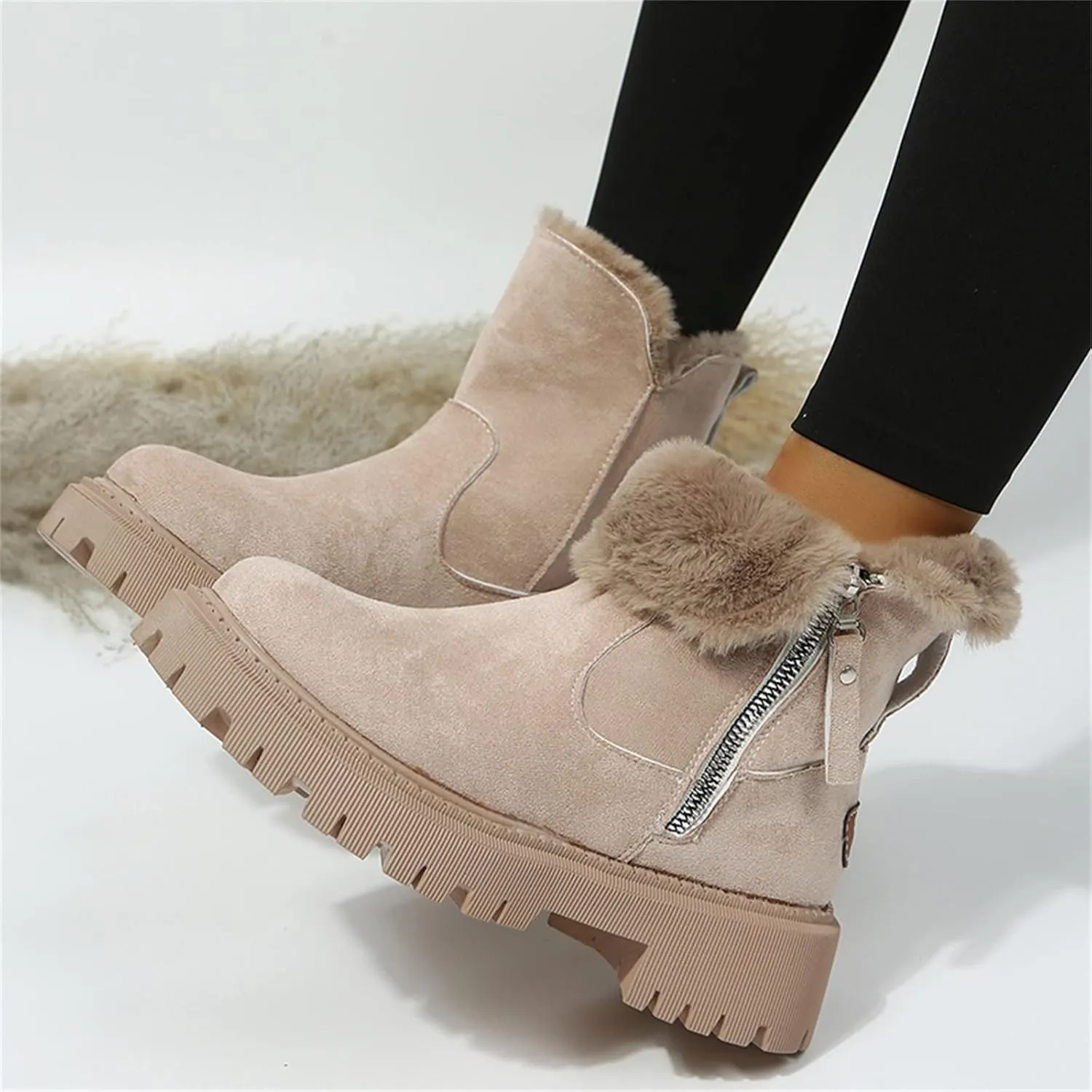 Snow Boots for Women Waterproof Winter Boots Anti-slip Fuzzy Fur Booties Cold Weather Lace Up Ankle Boots Thickening Winter Shoes Walking Hiking Booties
