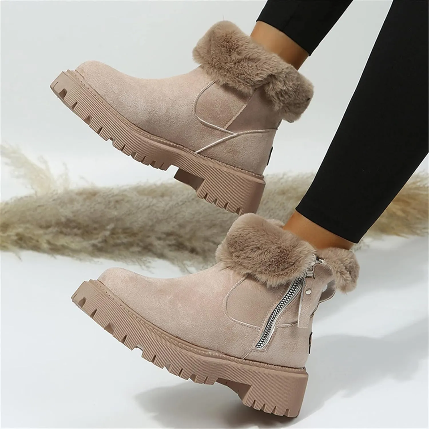 Snow Boots for Women Waterproof Winter Boots Anti-slip Fuzzy Fur Booties Cold Weather Lace Up Ankle Boots Thickening Winter Shoes Walking Hiking Booties