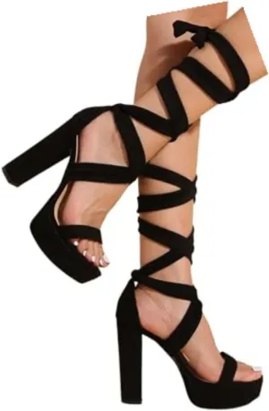 Strappy Sandals for Women 2024 Solid Color Velvet Chunky Platform Sandals Lace Up Heels for Women Open Toe Dress Stiletto Heels Summer Sandals Wedding Bridal Shoes