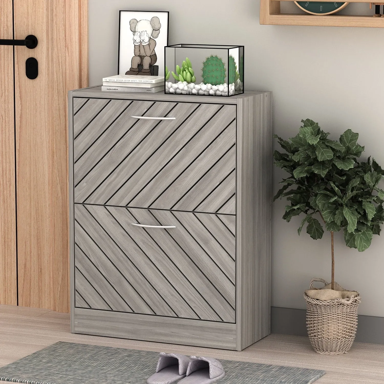 versatile Flip Up Shoe Cabinet Storage Cupboard Organizer Unit with 2 Drawers, Vertical, 29.5 in