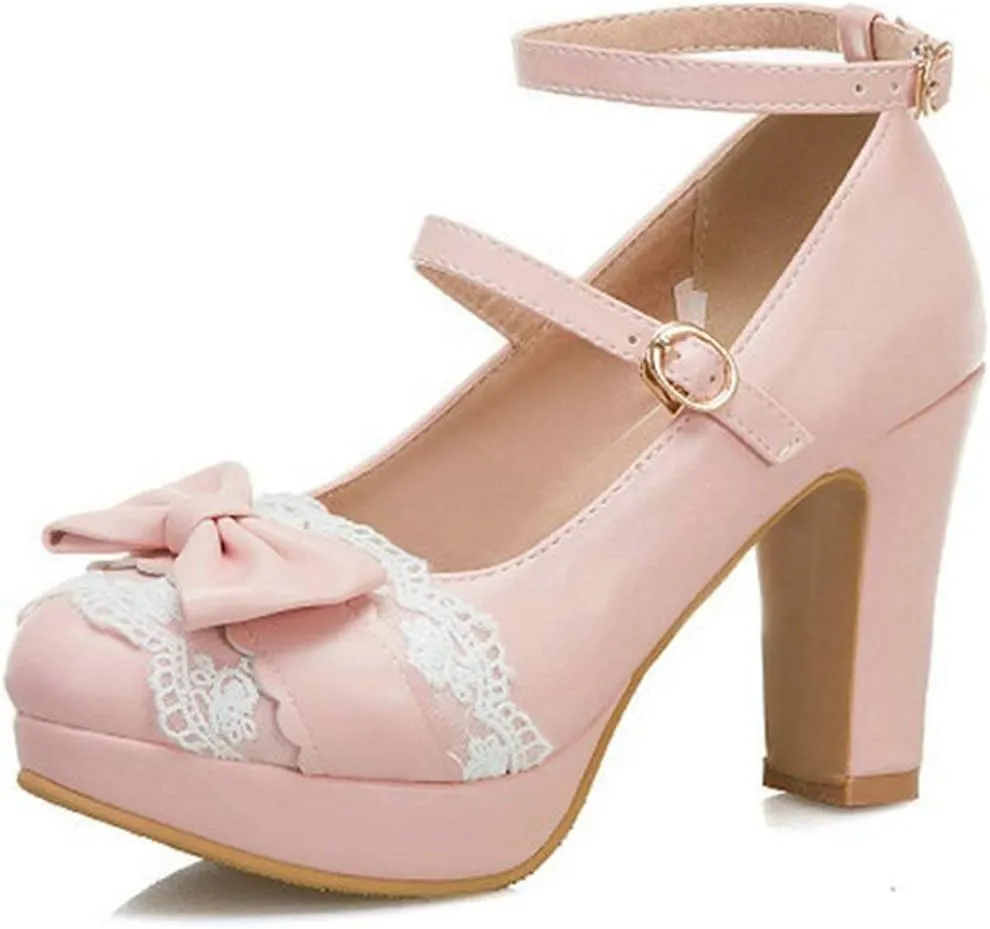 VOKLIN Women's Girls Lolita Platform Mary Jane Pumps Sweet Bow Ankle Strap Block High Heel Oxford Dress Shoes