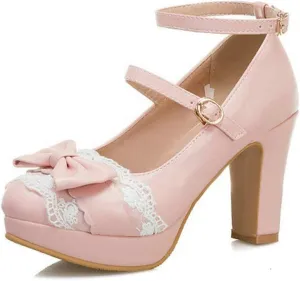 VOKLIN Women's Girls Lolita Platform Mary Jane Pumps Sweet Bow Ankle Strap Block High Heel Oxford Dress Shoes