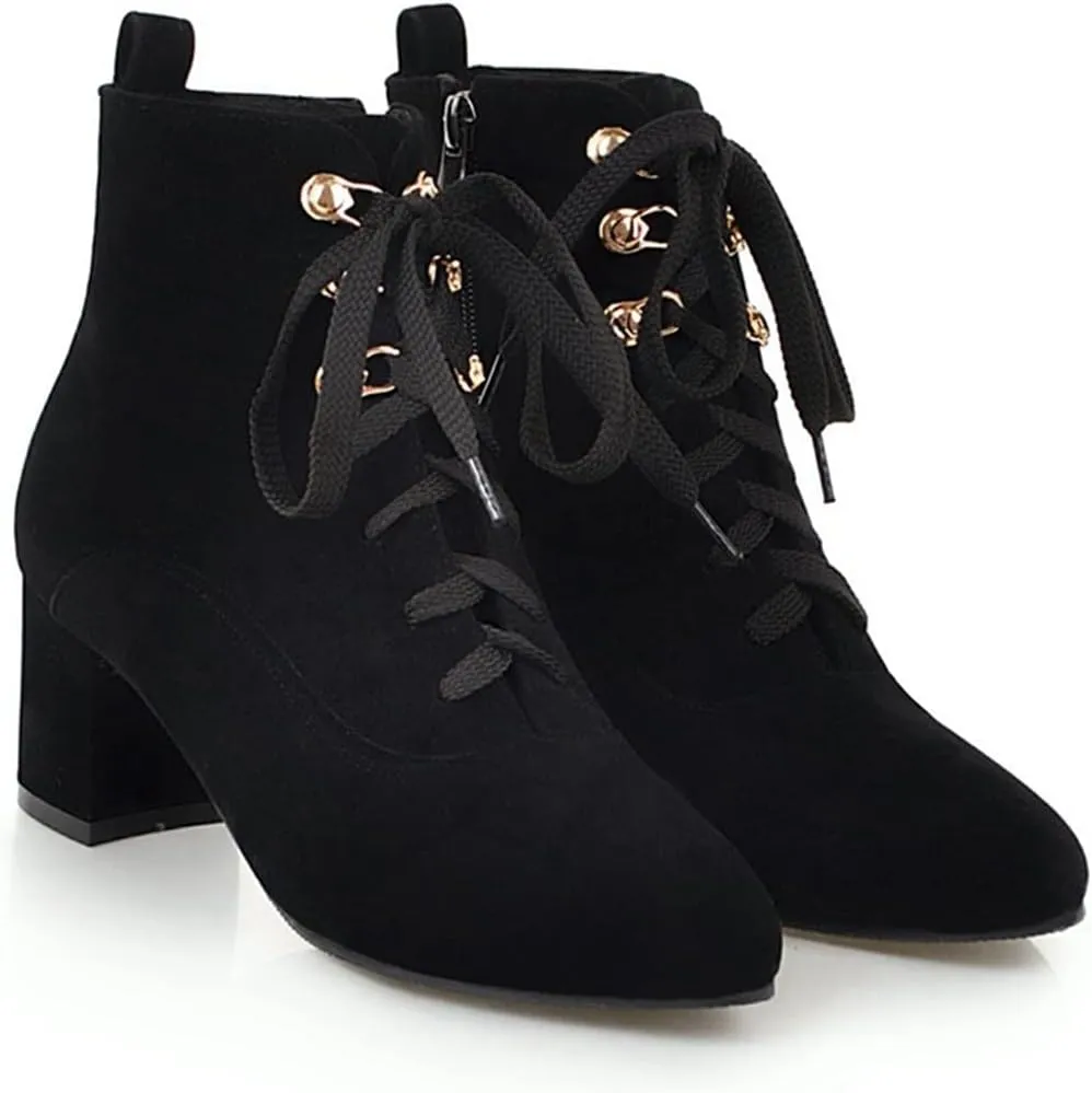 VOKLIN Women's Pointed Toe Lace Up Dressy Ankle Boots Vegan Suede Zipper Block Mid Heel Dress Short Booties