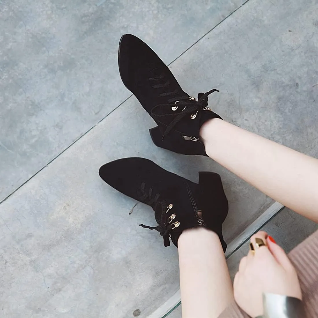 VOKLIN Women's Pointed Toe Lace Up Dressy Ankle Boots Vegan Suede Zipper Block Mid Heel Dress Short Booties