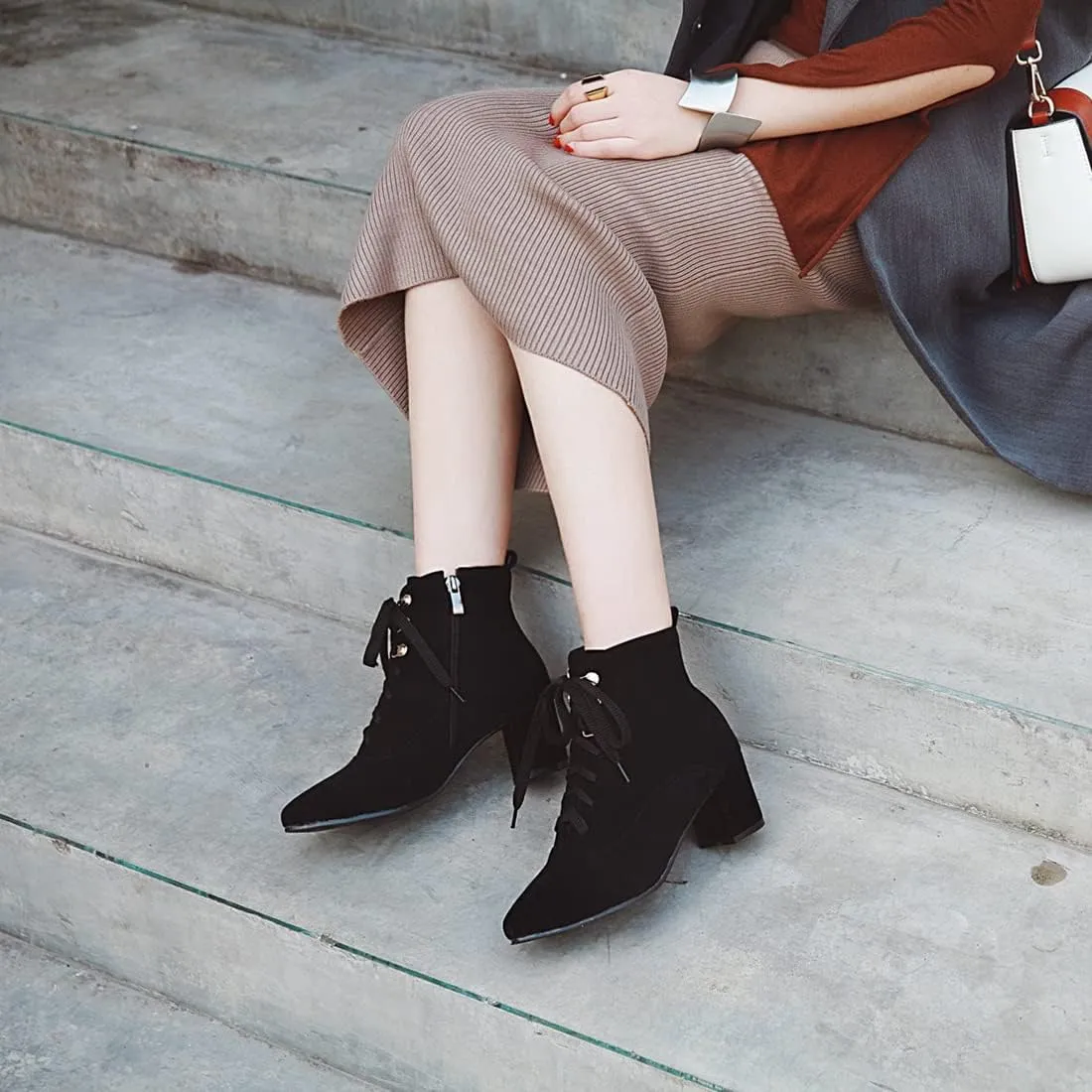 VOKLIN Women's Pointed Toe Lace Up Dressy Ankle Boots Vegan Suede Zipper Block Mid Heel Dress Short Booties
