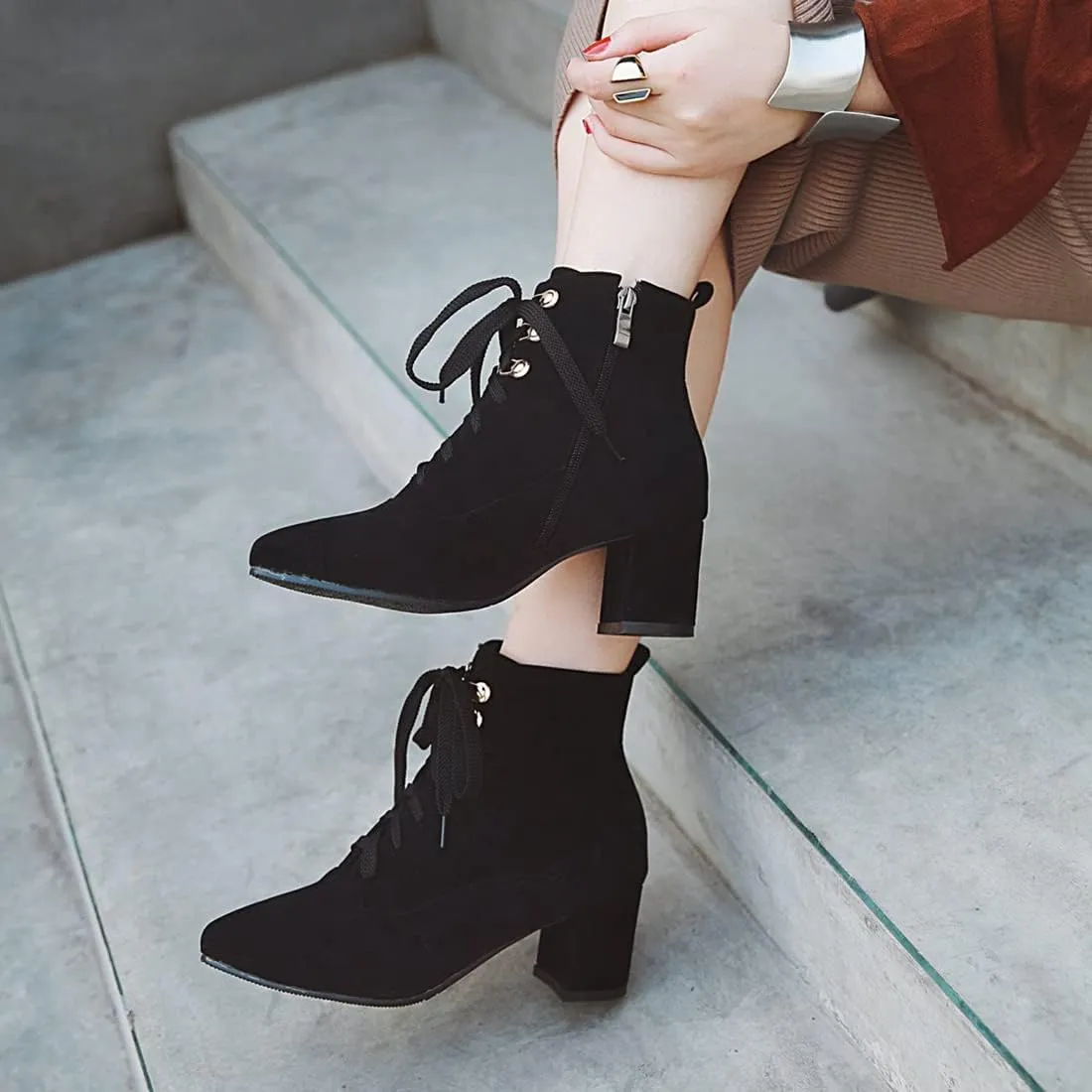 VOKLIN Women's Pointed Toe Lace Up Dressy Ankle Boots Vegan Suede Zipper Block Mid Heel Dress Short Booties