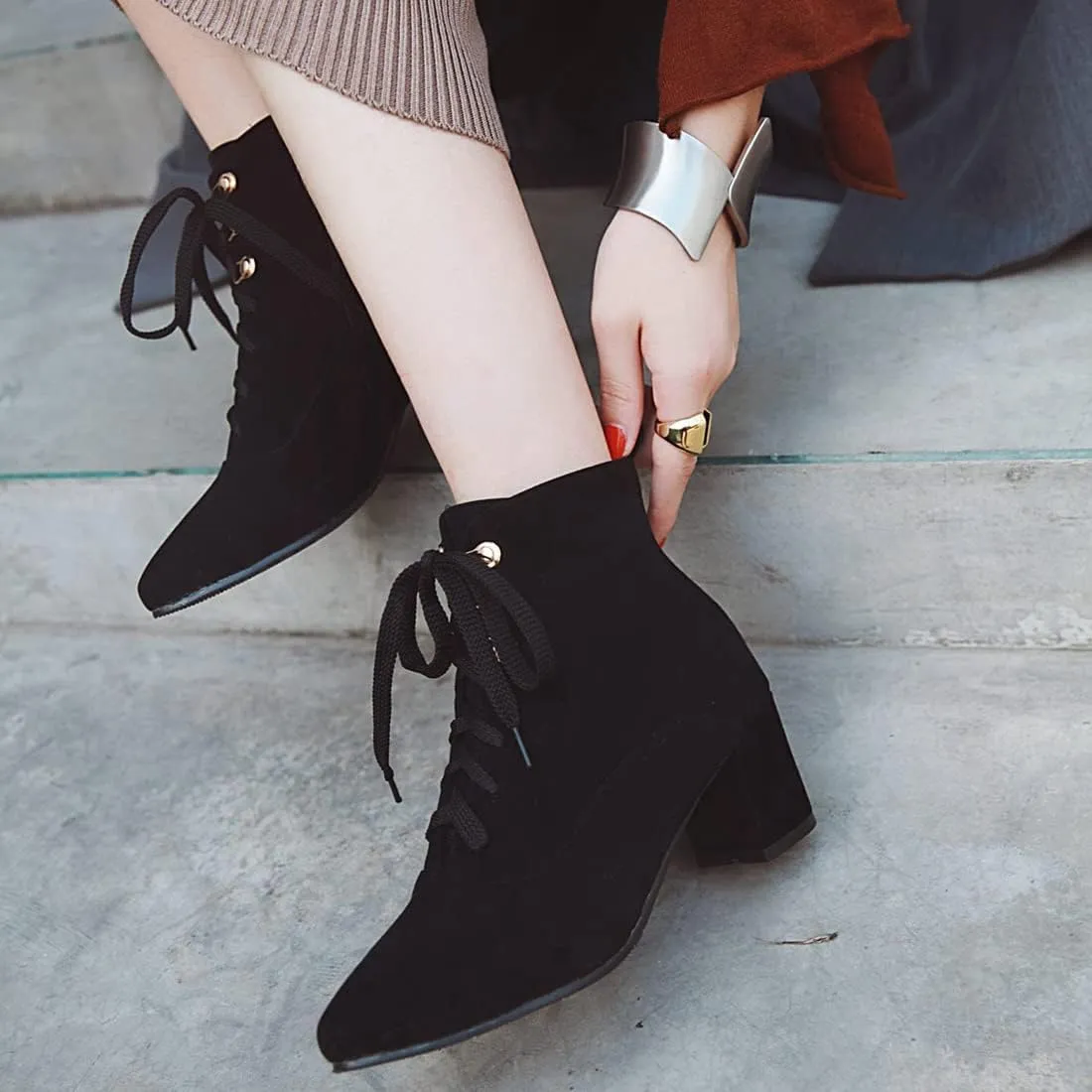 VOKLIN Women's Pointed Toe Lace Up Dressy Ankle Boots Vegan Suede Zipper Block Mid Heel Dress Short Booties