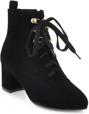 VOKLIN Women's Pointed Toe Lace Up Dressy Ankle Boots Vegan Suede Zipper Block Mid Heel Dress Short Booties