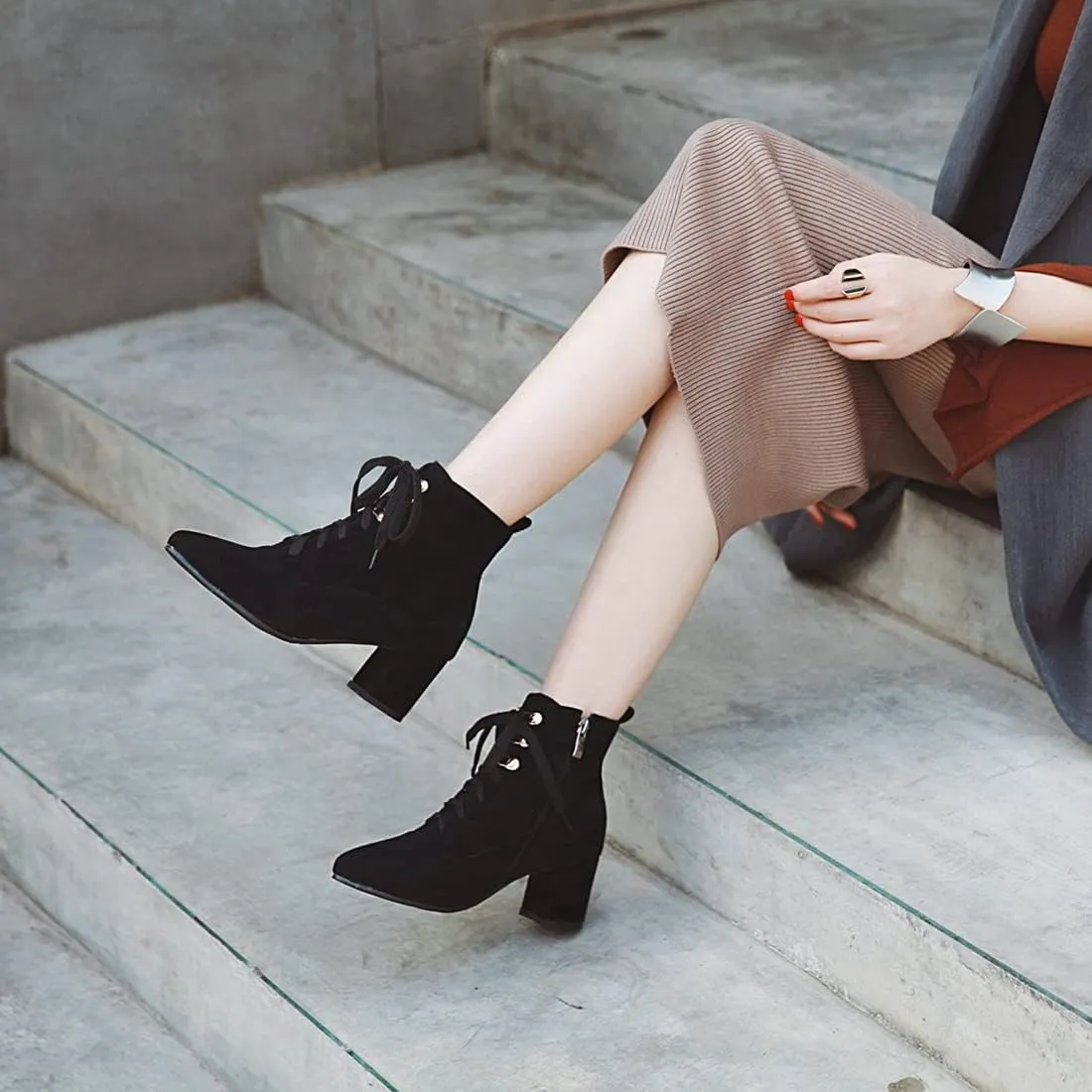 VOKLIN Women's Pointed Toe Lace Up Dressy Ankle Boots Vegan Suede Zipper Block Mid Heel Dress Short Booties