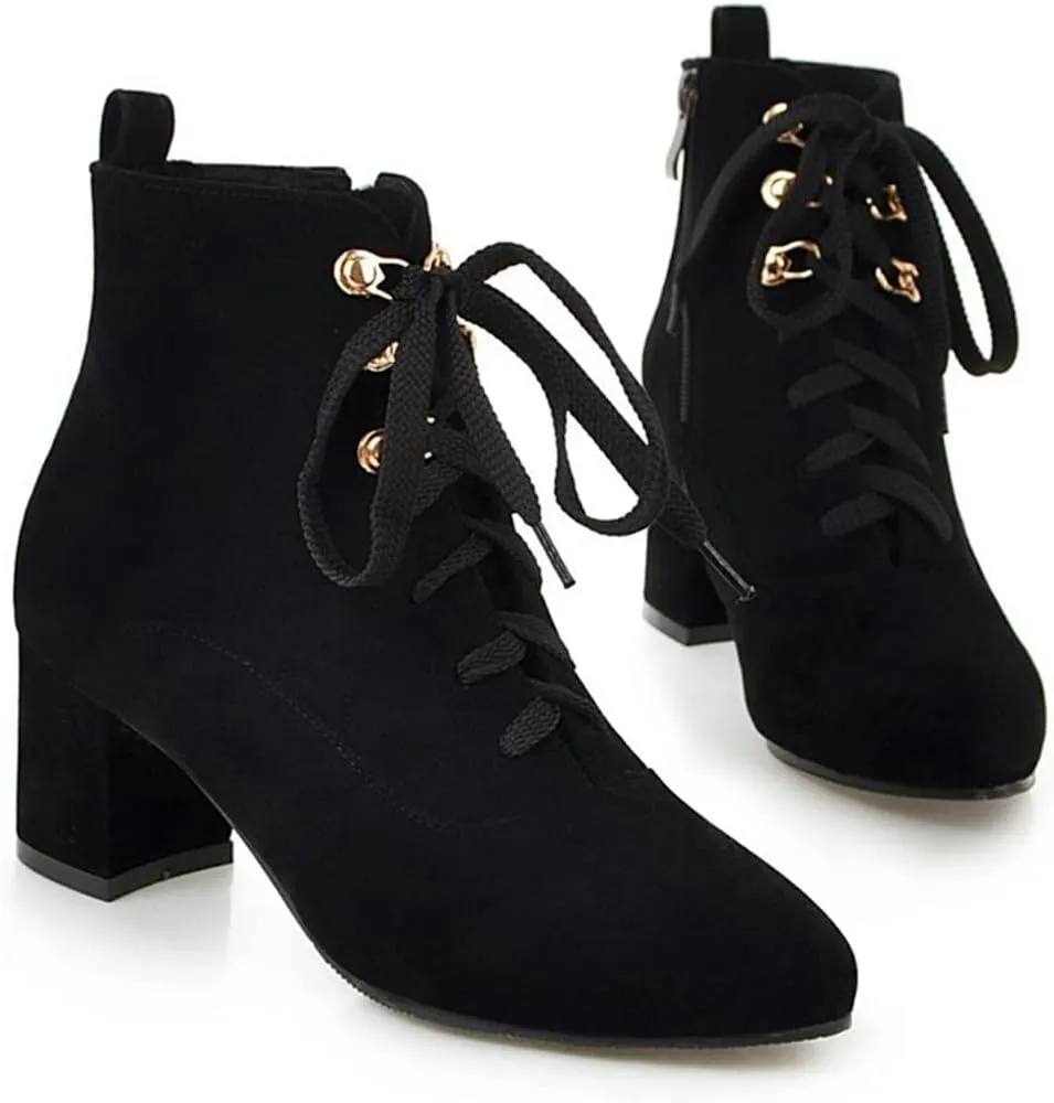 VOKLIN Women's Pointed Toe Lace Up Dressy Ankle Boots Vegan Suede Zipper Block Mid Heel Dress Short Booties