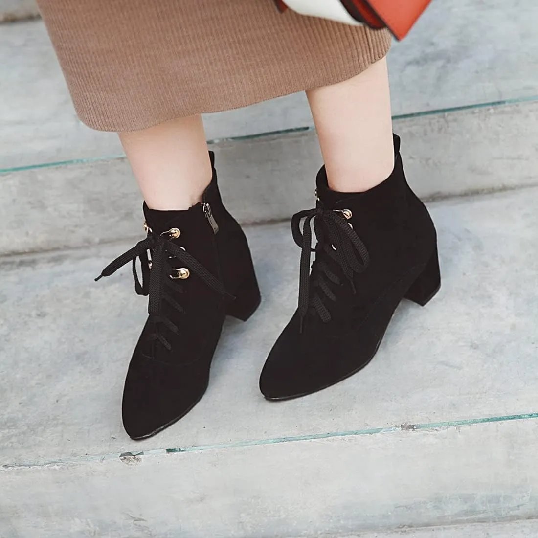 VOKLIN Women's Pointed Toe Lace Up Dressy Ankle Boots Vegan Suede Zipper Block Mid Heel Dress Short Booties