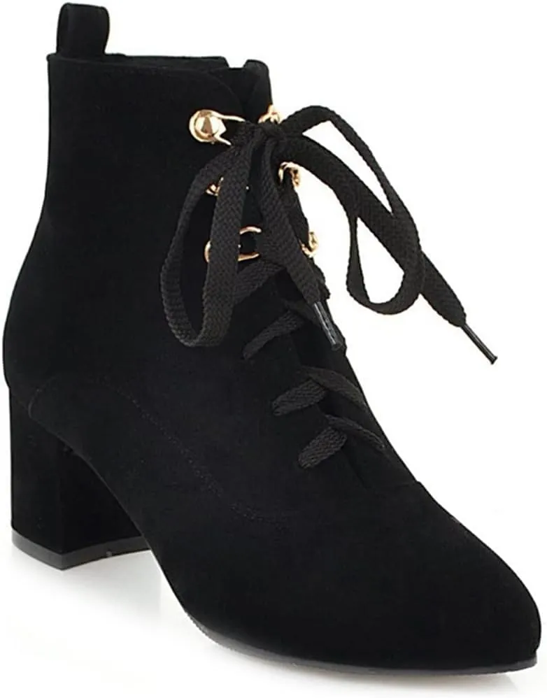 VOKLIN Women's Pointed Toe Lace Up Dressy Ankle Boots Vegan Suede Zipper Block Mid Heel Dress Short Booties