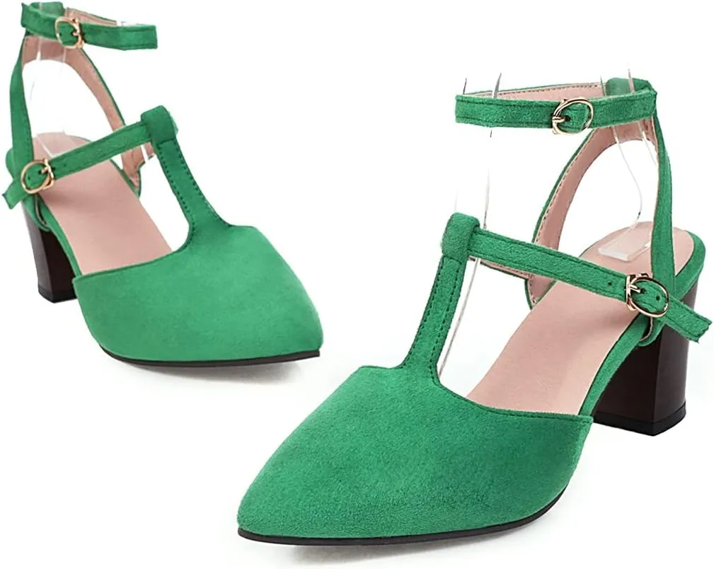 VOKLIN Women's Pointed Toe T-strap Block High Heel Dress Sandals Ankle Strap Party Pump Dressy Heeled Sandal
