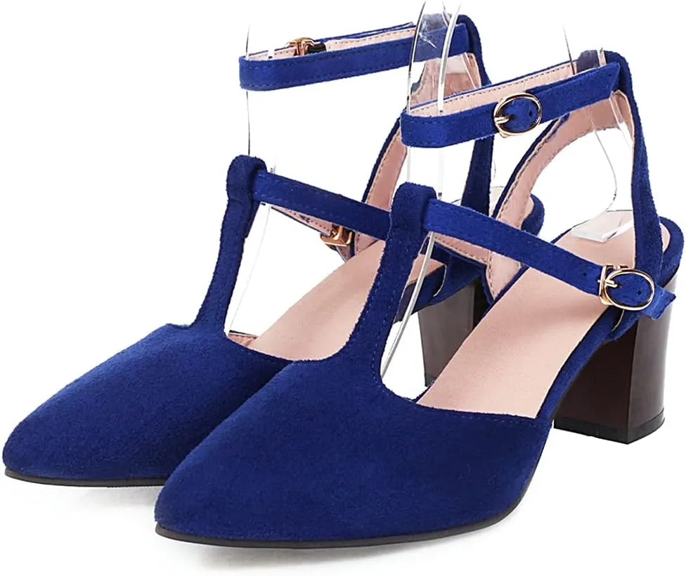 VOKLIN Women's Pointed Toe T-strap Block High Heel Dress Sandals Ankle Strap Party Pump Dressy Heeled Sandal