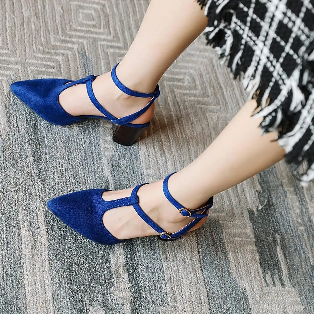 VOKLIN Women's Pointed Toe T-strap Block High Heel Dress Sandals Ankle Strap Party Pump Dressy Heeled Sandal