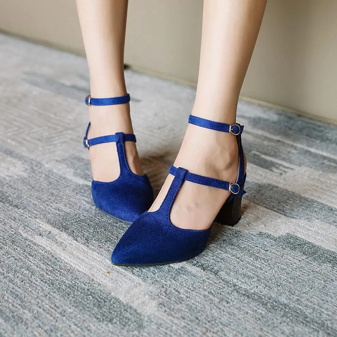 VOKLIN Women's Pointed Toe T-strap Block High Heel Dress Sandals Ankle Strap Party Pump Dressy Heeled Sandal