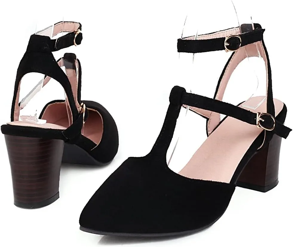 VOKLIN Women's Pointed Toe T-strap Block High Heel Dress Sandals Ankle Strap Party Pump Dressy Heeled Sandal