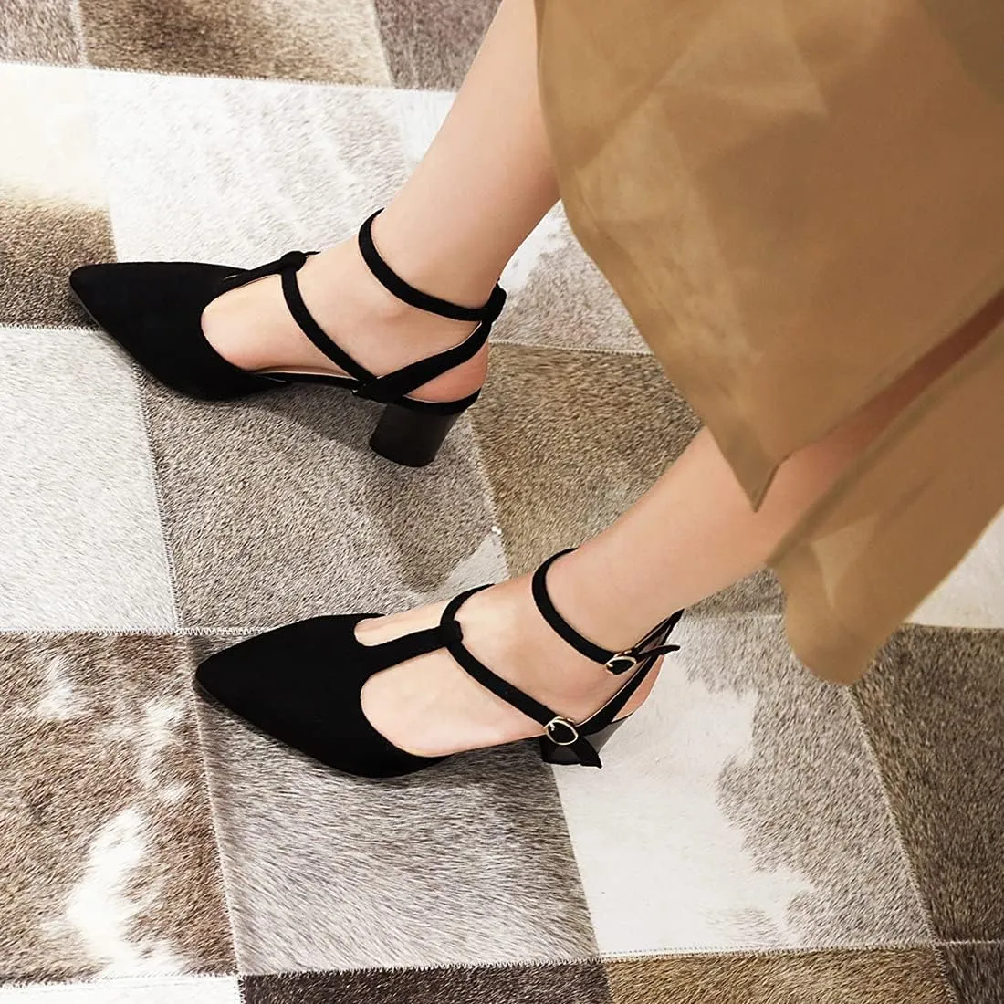 VOKLIN Women's Pointed Toe T-strap Block High Heel Dress Sandals Ankle Strap Party Pump Dressy Heeled Sandal