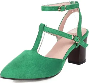 VOKLIN Women's Pointed Toe T-strap Block High Heel Dress Sandals Ankle Strap Party Pump Dressy Heeled Sandal