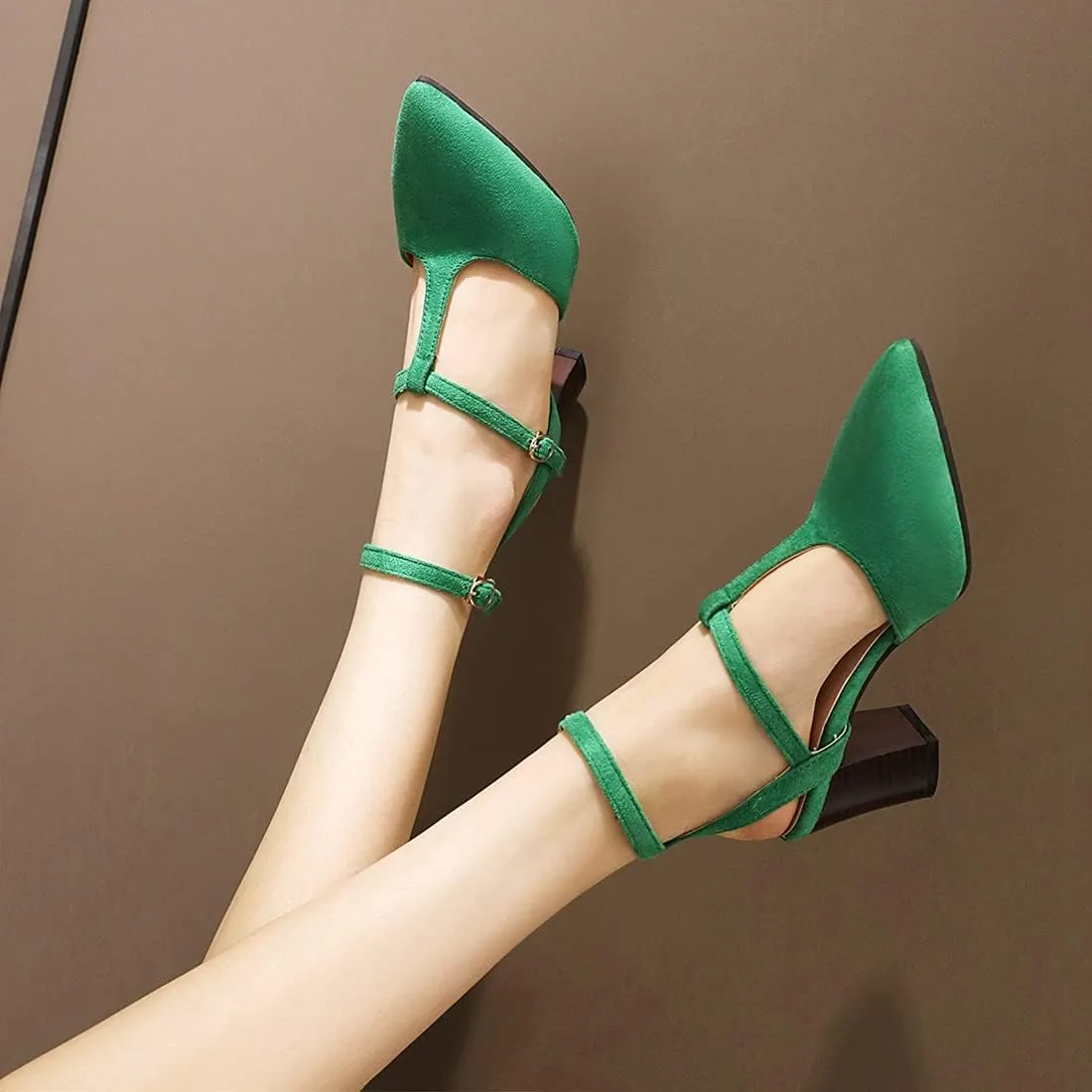 VOKLIN Women's Pointed Toe T-strap Block High Heel Dress Sandals Ankle Strap Party Pump Dressy Heeled Sandal