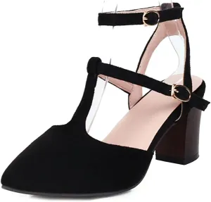 VOKLIN Women's Pointed Toe T-strap Block High Heel Dress Sandals Ankle Strap Party Pump Dressy Heeled Sandal