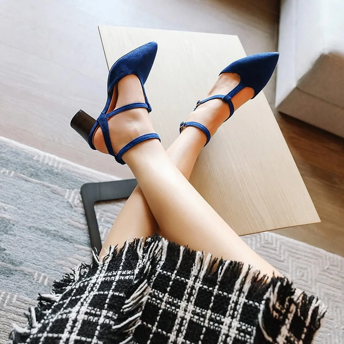 VOKLIN Women's Pointed Toe T-strap Block High Heel Dress Sandals Ankle Strap Party Pump Dressy Heeled Sandal