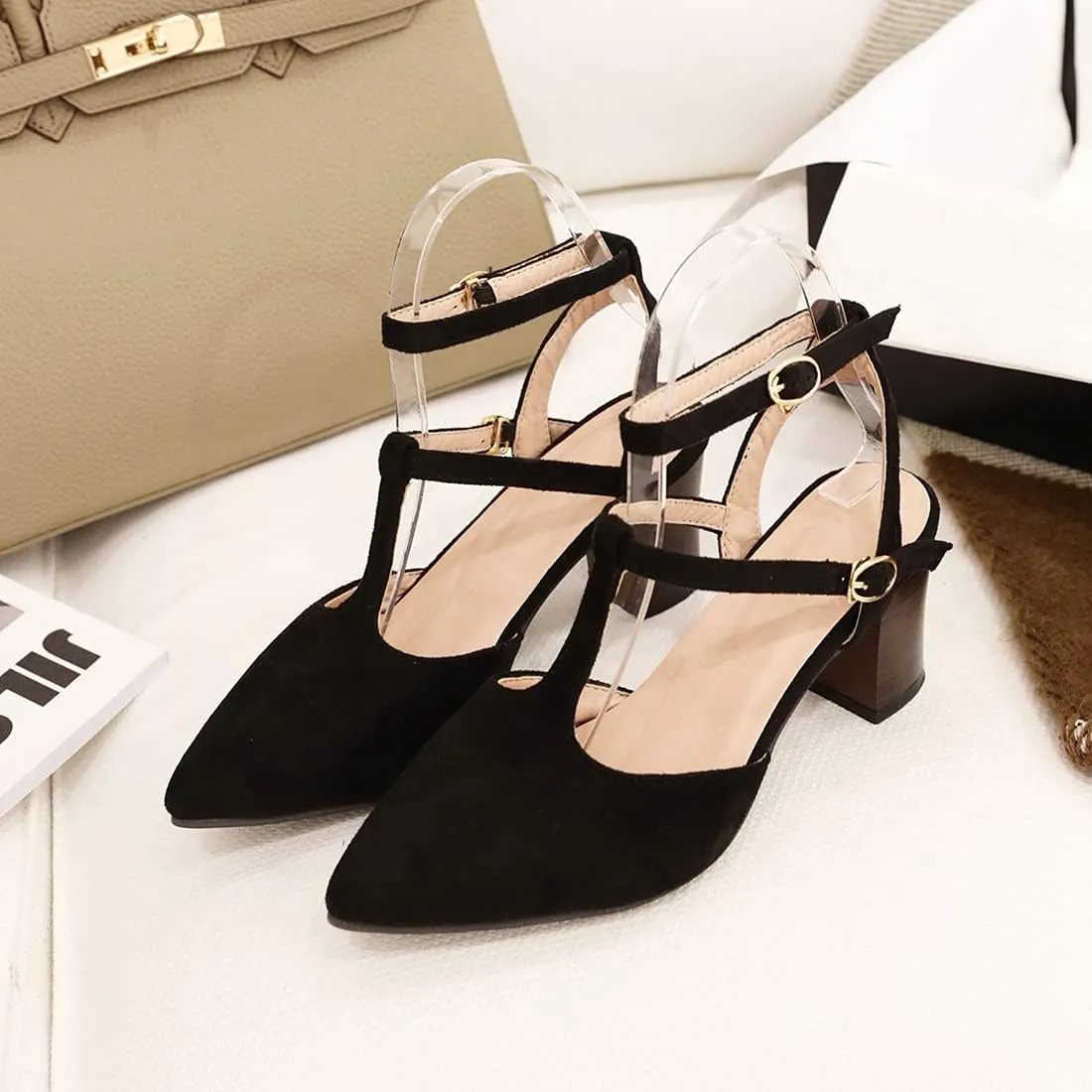 VOKLIN Women's Pointed Toe T-strap Block High Heel Dress Sandals Ankle Strap Party Pump Dressy Heeled Sandal