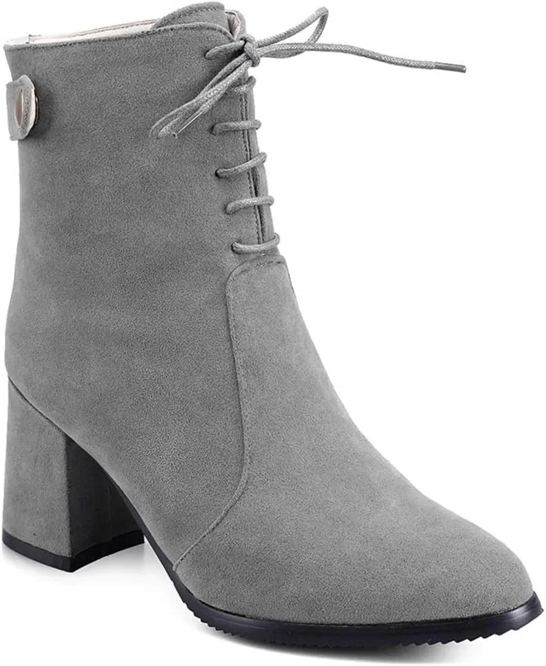 VOKLIN Women's Round Toe Dressy Ankle Boots Suede Lace Up Zipper Chunky Block High Heels Dress Short Booties