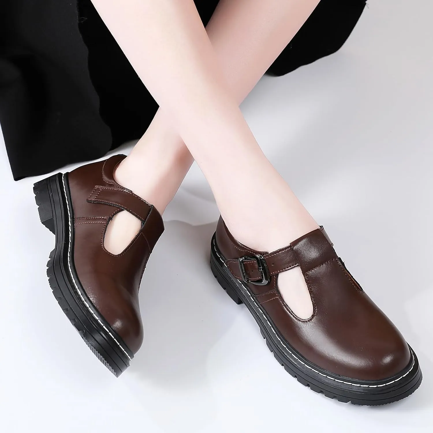 Women Mary Jane Shoes Soft Toe Non Slip Platform Casual Faux Leather Chunky Comfortable Dress Shoes