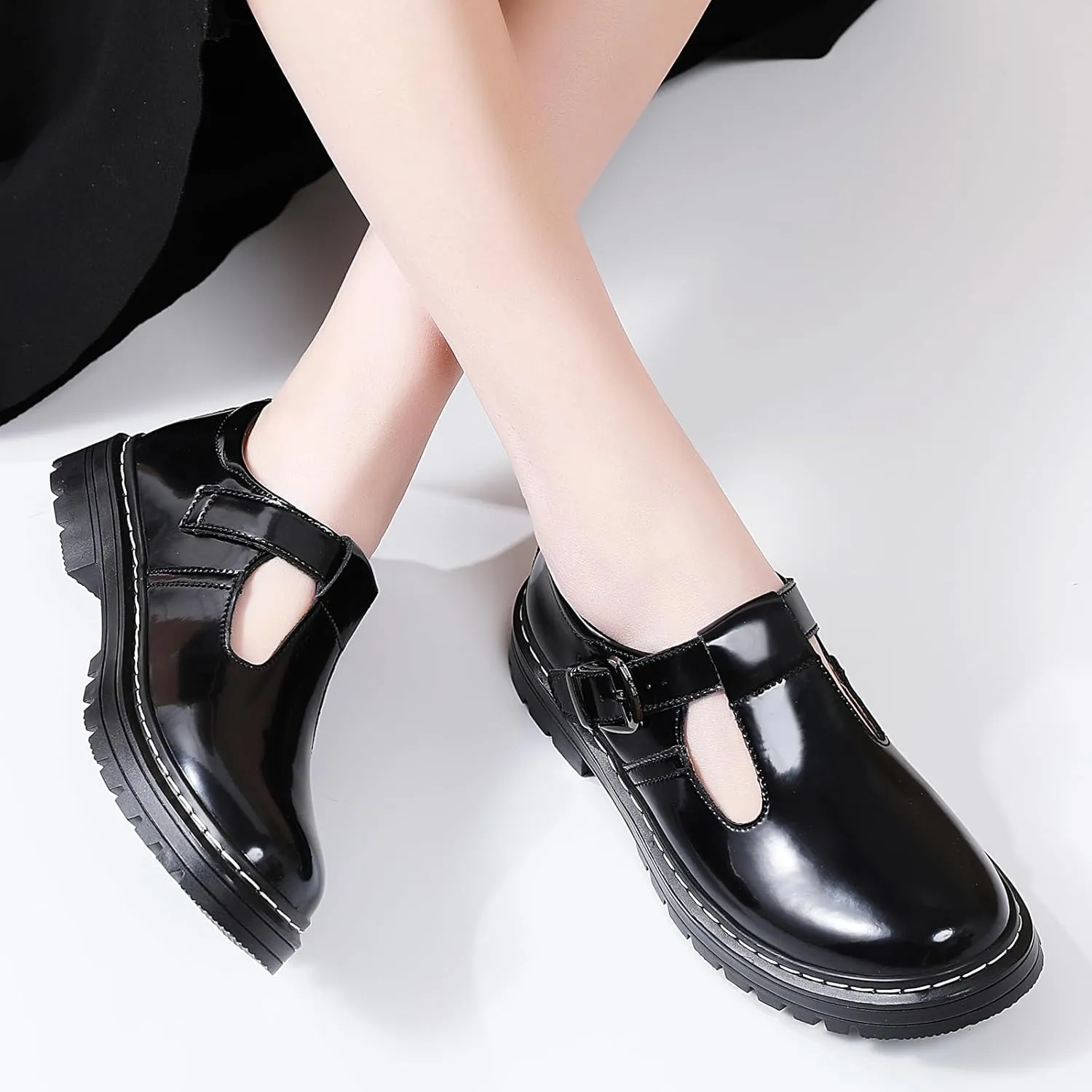 Women Mary Jane Shoes Soft Toe Non Slip Platform Casual Faux Leather Chunky Comfortable Dress Shoes