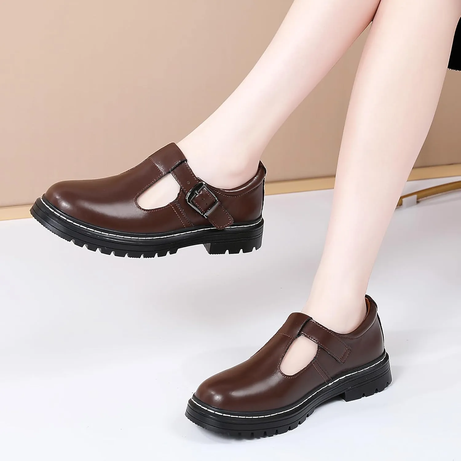 Women Mary Jane Shoes Soft Toe Non Slip Platform Casual Faux Leather Chunky Comfortable Dress Shoes