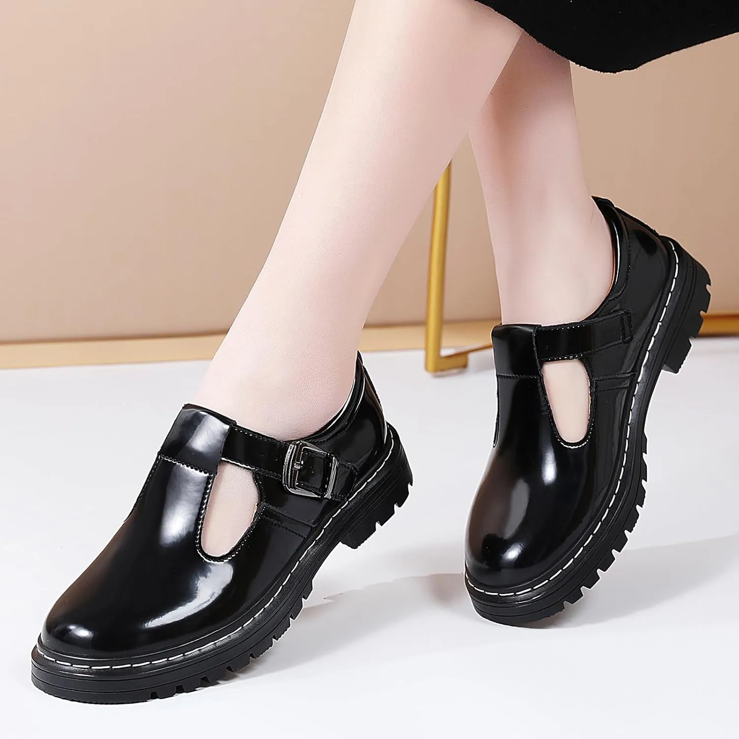 Women Mary Jane Shoes Soft Toe Non Slip Platform Casual Faux Leather Chunky Comfortable Dress Shoes