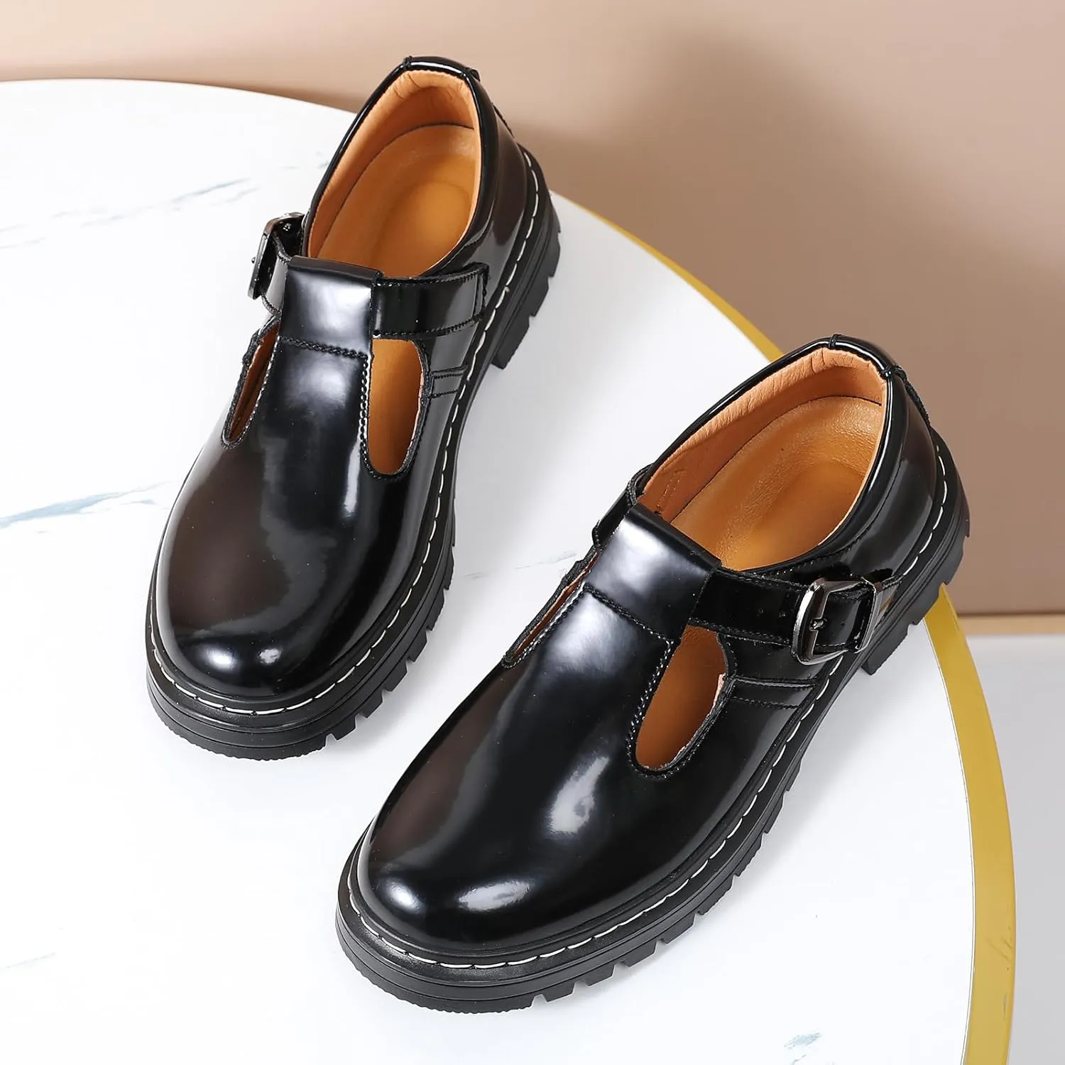 Women Mary Jane Shoes Soft Toe Non Slip Platform Casual Faux Leather Chunky Comfortable Dress Shoes