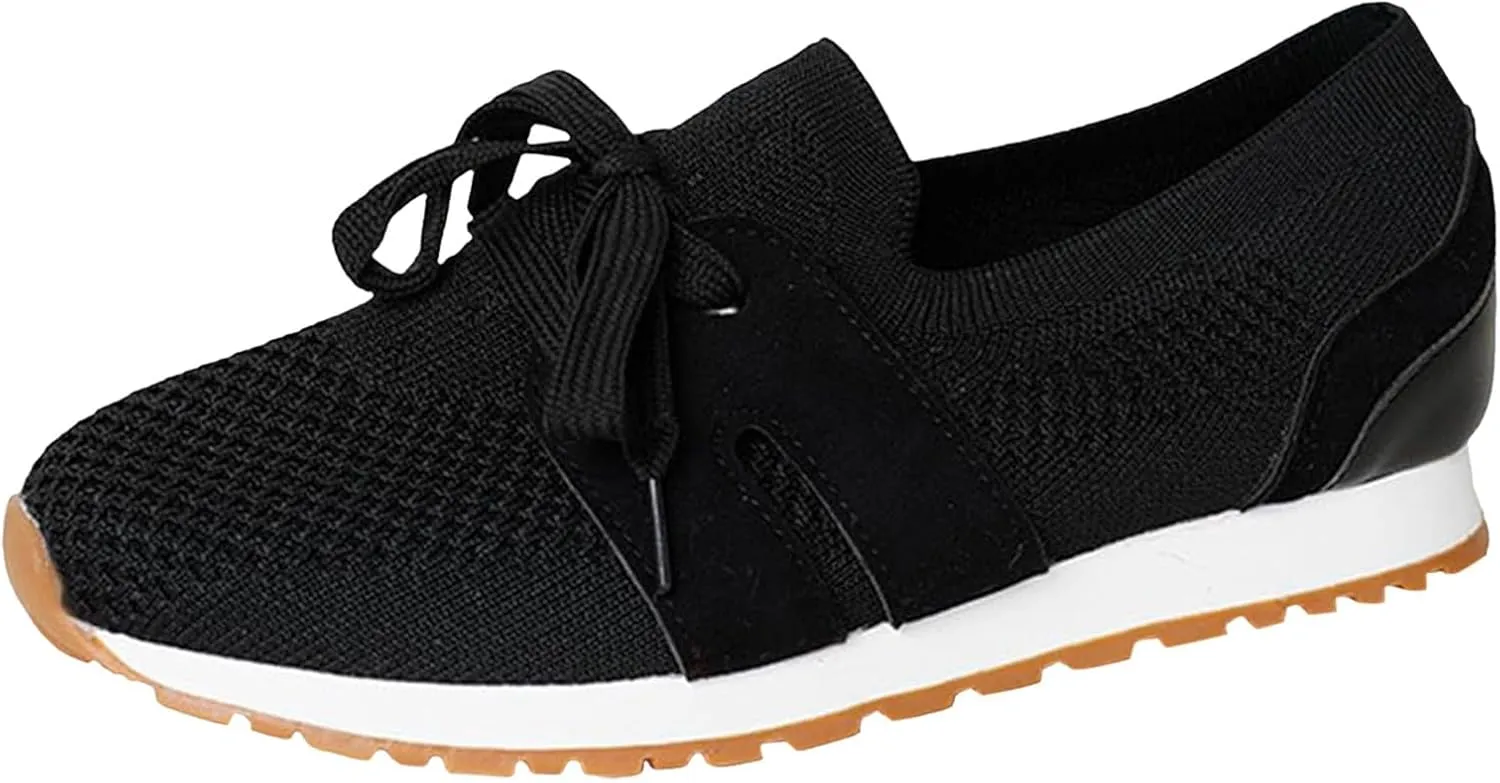 Women's Casual Lace Up Flat Soled Round Toe Flying Weaving Women's Shoes Fashionable and Womens Comfort Casual Shoes