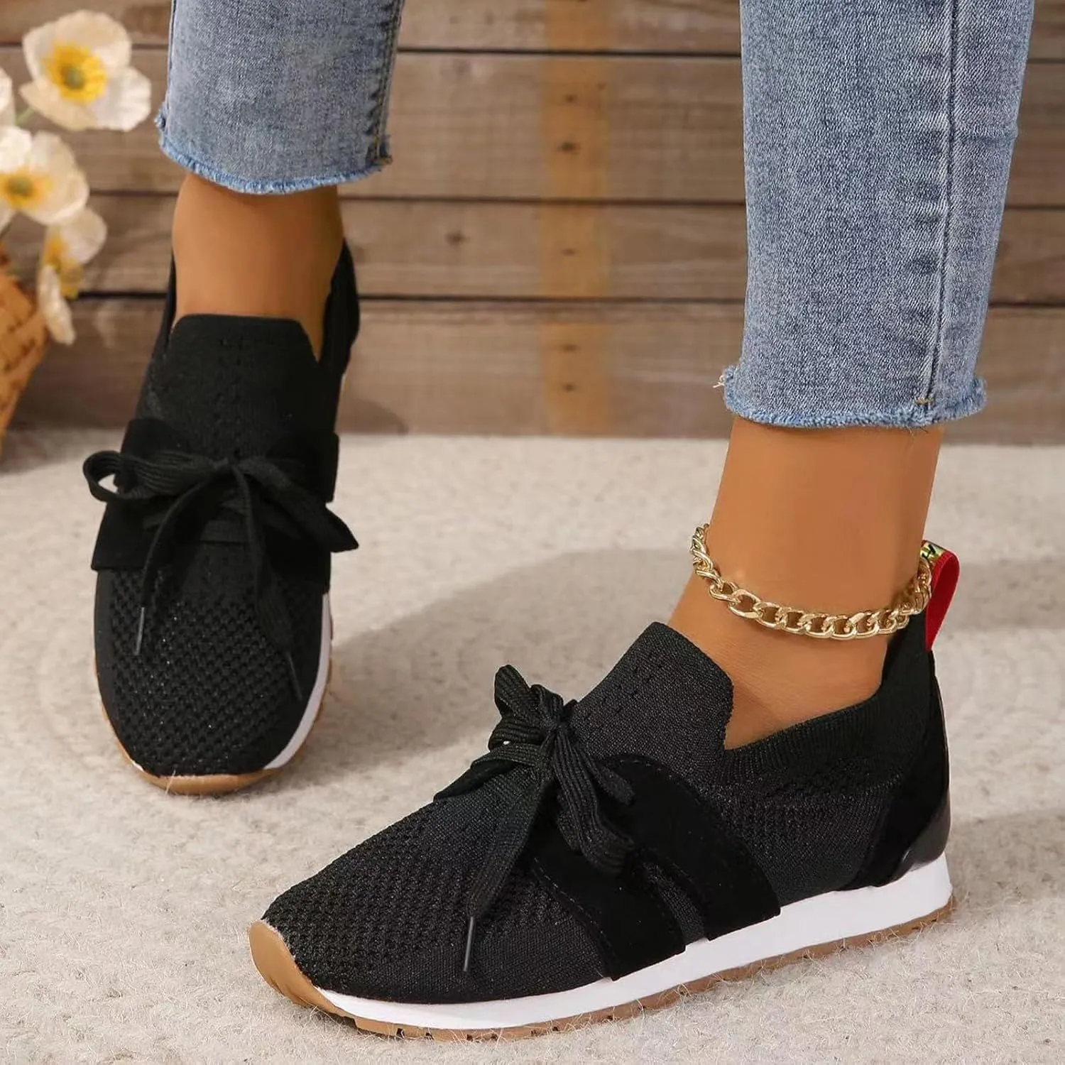 Women's Casual Lace Up Flat Soled Round Toe Flying Weaving Women's Shoes Fashionable and Womens Comfort Casual Shoes