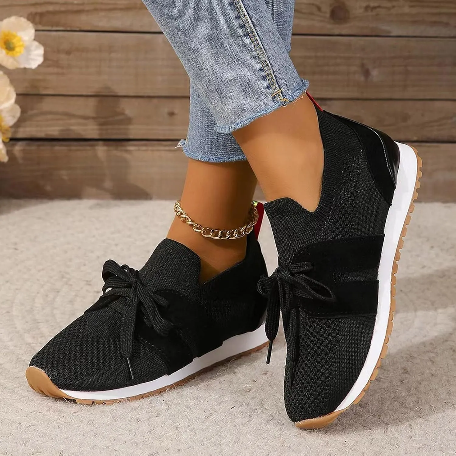 Women's Casual Lace Up Flat Soled Round Toe Flying Weaving Women's Shoes Fashionable and Womens Comfort Casual Shoes