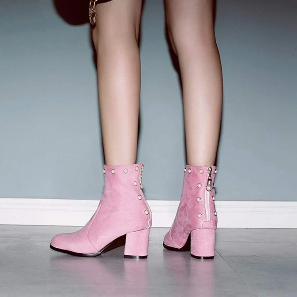 Women's Chunky Block Heel Dress Ankle Boots Round Toe Suede Zipper Booties Studded Pearls Short Boot