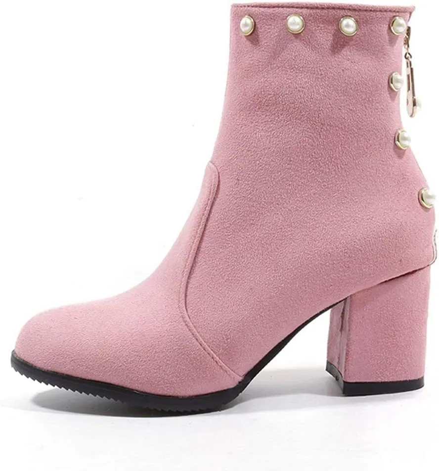 Women's Chunky Block Heel Dress Ankle Boots Round Toe Suede Zipper Booties Studded Pearls Short Boot