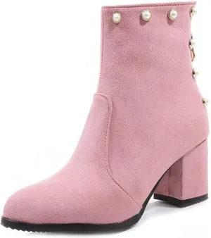 Women's Chunky Block Heel Dress Ankle Boots Round Toe Suede Zipper Booties Studded Pearls Short Boot