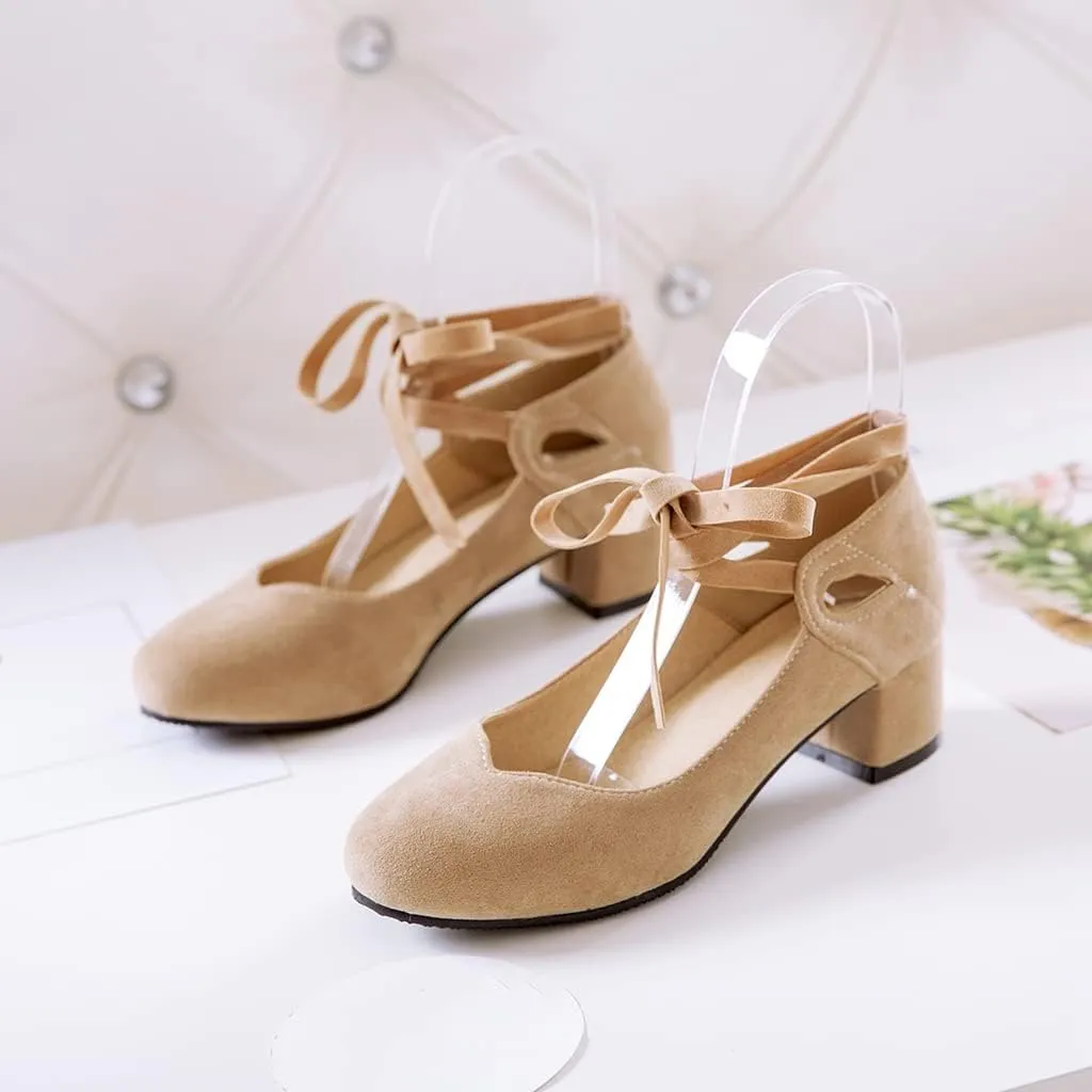 Women's Chunky Mid Block Heel Pumps Suede Square Toe Ankle Strap Comfortable Office Dress Shoes