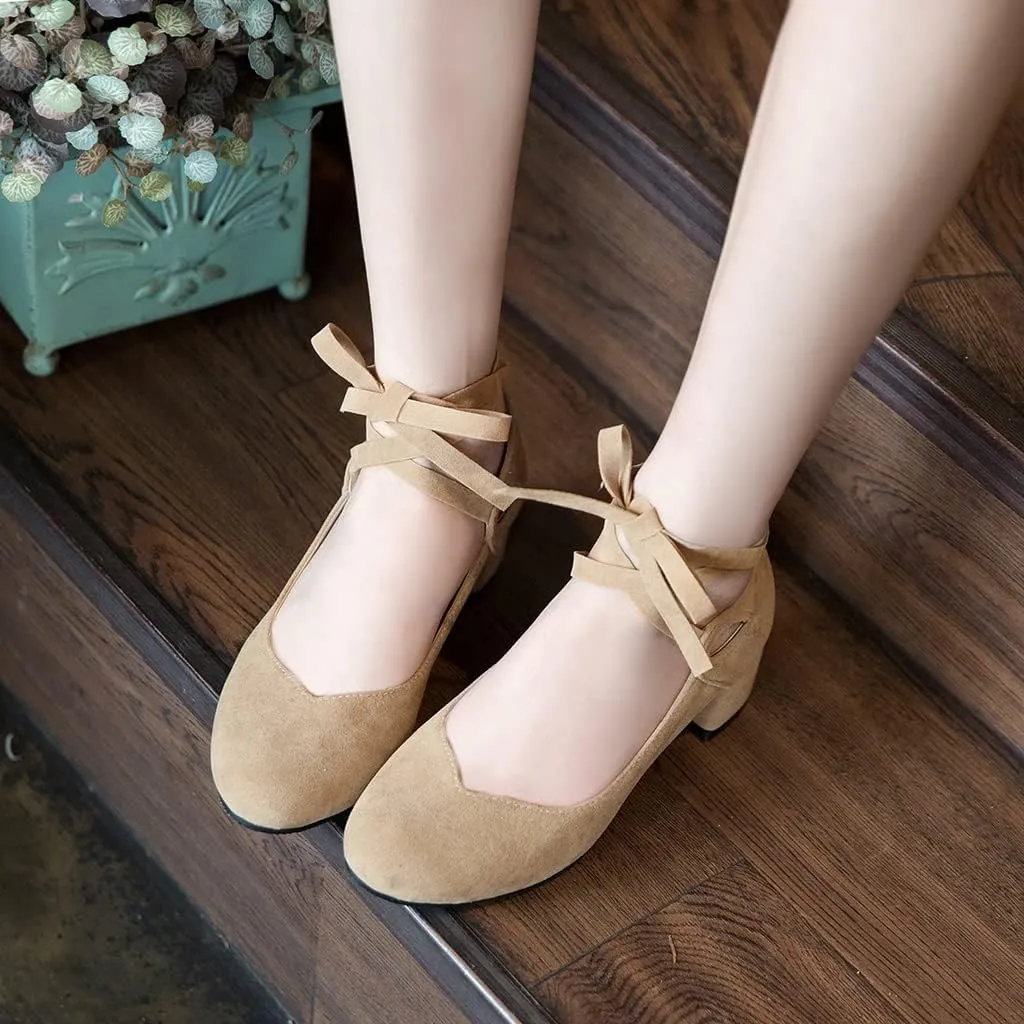 Women's Chunky Mid Block Heel Pumps Suede Square Toe Ankle Strap Comfortable Office Dress Shoes