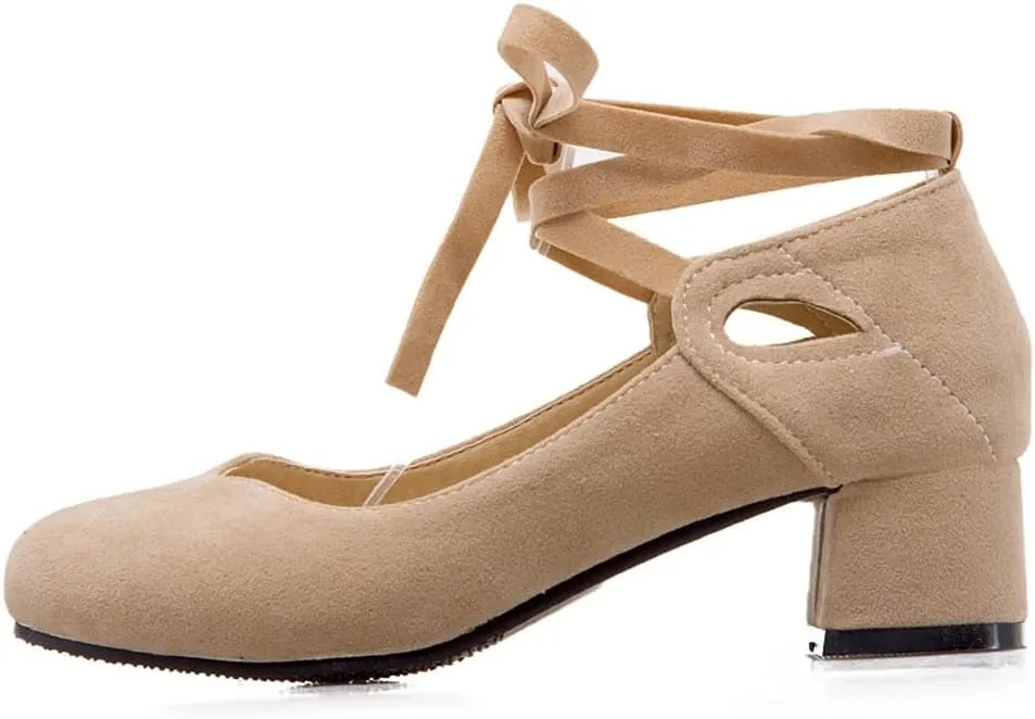 Women's Chunky Mid Block Heel Pumps Suede Square Toe Ankle Strap Comfortable Office Dress Shoes