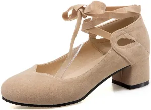 Women's Chunky Mid Block Heel Pumps Suede Square Toe Ankle Strap Comfortable Office Dress Shoes
