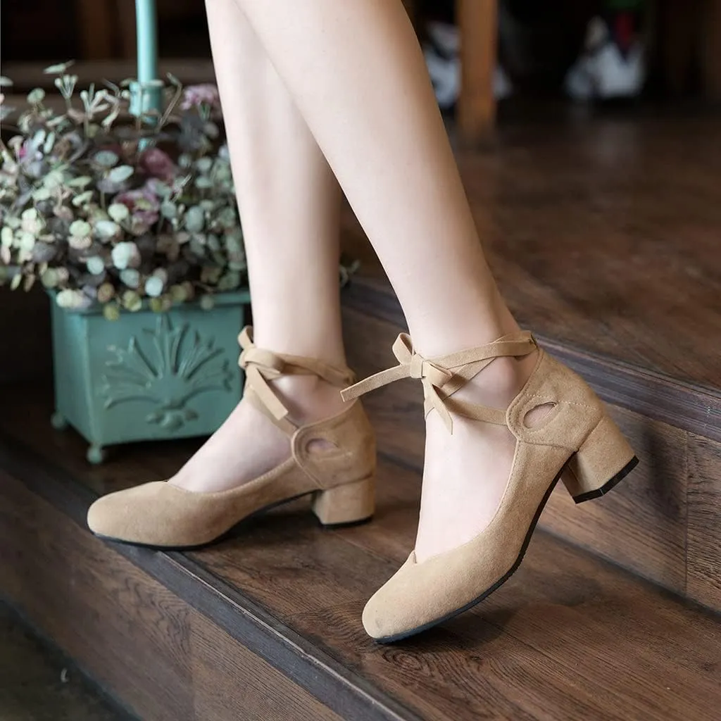 Women's Chunky Mid Block Heel Pumps Suede Square Toe Ankle Strap Comfortable Office Dress Shoes